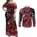 Personalized Essendon Bombers Rugby Couples Matching Off Shoulder Maxi Dress and Long Sleeve Button Shirt Aboriginal Dot Art - Dreamtime Football Mascot