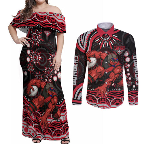 Personalized Essendon Bombers Rugby Couples Matching Off Shoulder Maxi Dress and Long Sleeve Button Shirt Aboriginal Dot Art - Dreamtime Football Mascot