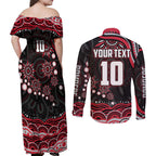 Personalized Essendon Bombers Rugby Couples Matching Off Shoulder Maxi Dress and Long Sleeve Button Shirt Aboriginal Dot Art - Dreamtime Football Mascot
