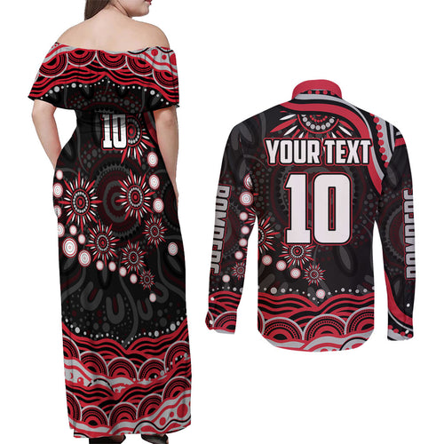 Personalized Essendon Bombers Rugby Couples Matching Off Shoulder Maxi Dress and Long Sleeve Button Shirt Aboriginal Dot Art - Dreamtime Football Mascot