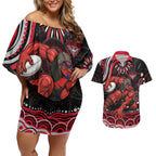 Personalized Essendon Bombers Rugby Couples Matching Off Shoulder Short Dress and Hawaiian Shirt Aboriginal Dot Art - Dreamtime Football Mascot