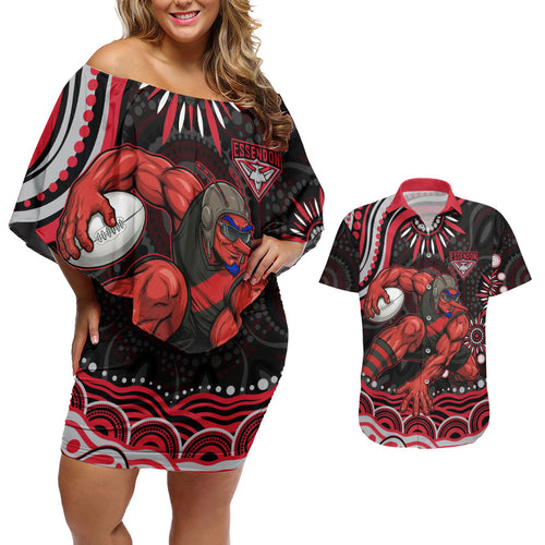 Personalized Essendon Bombers Rugby Couples Matching Off Shoulder Short Dress and Hawaiian Shirt Aboriginal Dot Art - Dreamtime Football Mascot