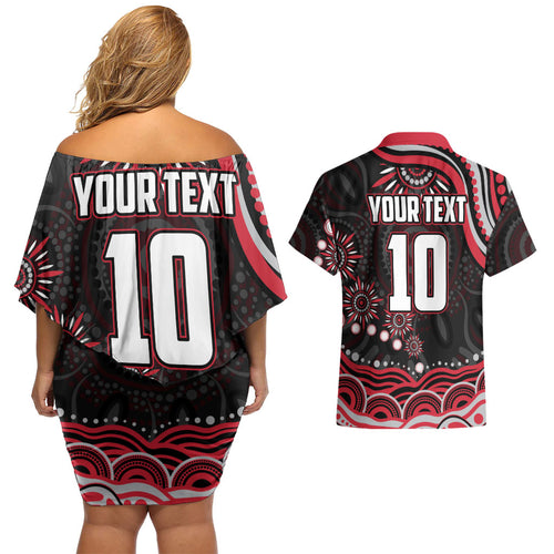 Personalized Essendon Bombers Rugby Couples Matching Off Shoulder Short Dress and Hawaiian Shirt Aboriginal Dot Art - Dreamtime Football Mascot