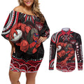 Personalized Essendon Bombers Rugby Couples Matching Off Shoulder Short Dress and Long Sleeve Button Shirt Aboriginal Dot Art - Dreamtime Football Mascot