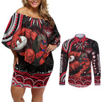 Personalized Essendon Bombers Rugby Couples Matching Off Shoulder Short Dress and Long Sleeve Button Shirt Aboriginal Dot Art - Dreamtime Football Mascot