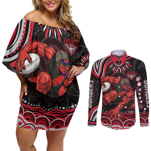 Personalized Essendon Bombers Rugby Couples Matching Off Shoulder Short Dress and Long Sleeve Button Shirt Aboriginal Dot Art - Dreamtime Football Mascot