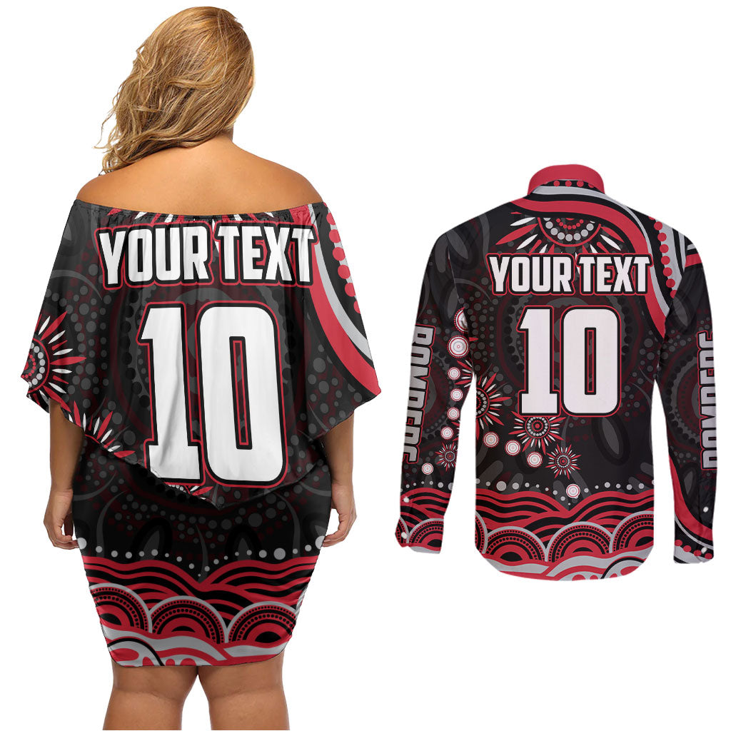 Personalized Essendon Bombers Rugby Couples Matching Off Shoulder Short Dress and Long Sleeve Button Shirt Aboriginal Dot Art - Dreamtime Football Mascot