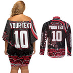Personalized Essendon Bombers Rugby Couples Matching Off Shoulder Short Dress and Long Sleeve Button Shirt Aboriginal Dot Art - Dreamtime Football Mascot