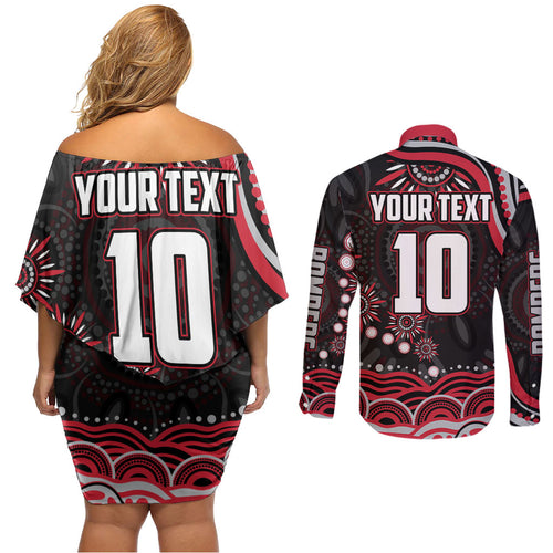 Personalized Essendon Bombers Rugby Couples Matching Off Shoulder Short Dress and Long Sleeve Button Shirt Aboriginal Dot Art - Dreamtime Football Mascot