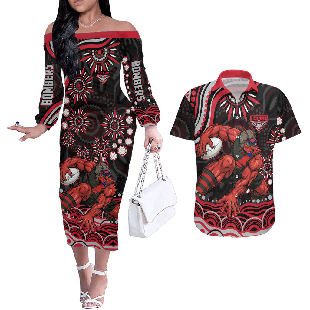 Personalized Essendon Bombers Rugby Couples Matching Off The Shoulder Long Sleeve Dress and Hawaiian Shirt Aboriginal Dot Art - Dreamtime Football Mascot