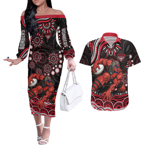 Personalized Essendon Bombers Rugby Couples Matching Off The Shoulder Long Sleeve Dress and Hawaiian Shirt Aboriginal Dot Art - Dreamtime Football Mascot