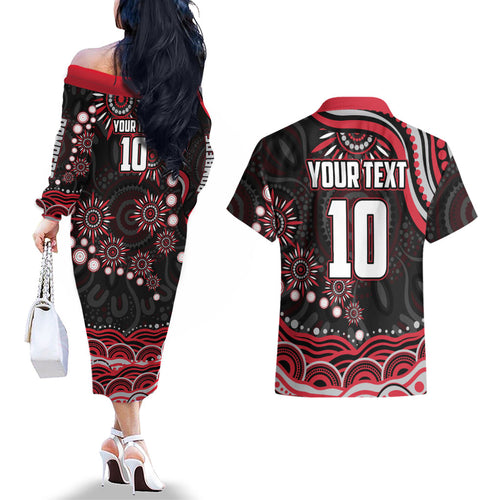 Personalized Essendon Bombers Rugby Couples Matching Off The Shoulder Long Sleeve Dress and Hawaiian Shirt Aboriginal Dot Art - Dreamtime Football Mascot