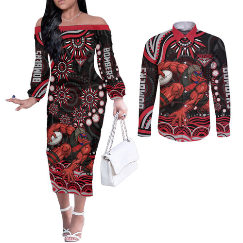 Personalized Essendon Bombers Rugby Couples Matching Off The Shoulder Long Sleeve Dress and Long Sleeve Button Shirt Aboriginal Dot Art - Dreamtime Football Mascot