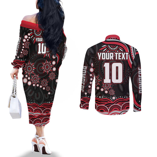Personalized Essendon Bombers Rugby Couples Matching Off The Shoulder Long Sleeve Dress and Long Sleeve Button Shirt Aboriginal Dot Art - Dreamtime Football Mascot