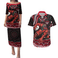Personalized Essendon Bombers Rugby Couples Matching Puletasi and Hawaiian Shirt Aboriginal Dot Art - Dreamtime Football Mascot