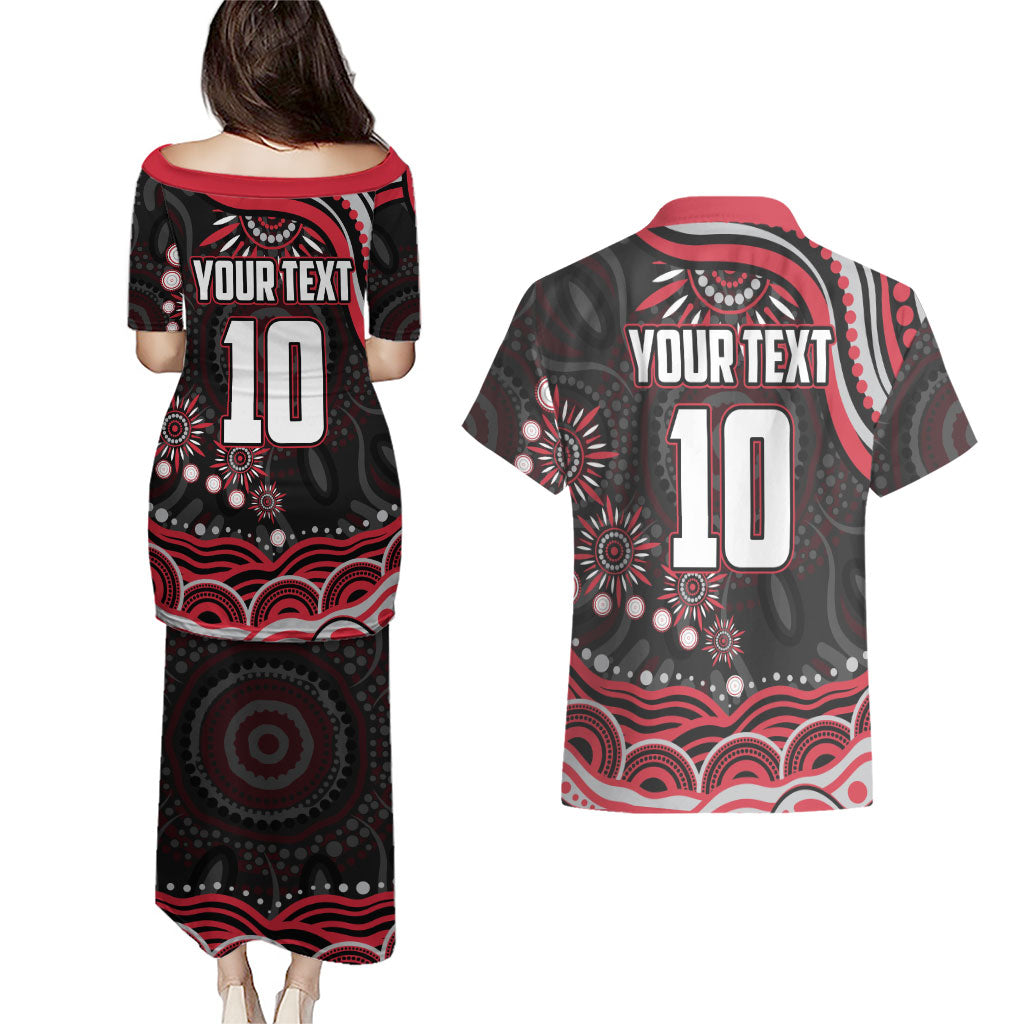 Personalized Essendon Bombers Rugby Couples Matching Puletasi and Hawaiian Shirt Aboriginal Dot Art - Dreamtime Football Mascot