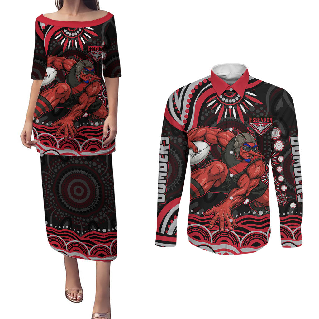 Personalized Essendon Bombers Rugby Couples Matching Puletasi and Long Sleeve Button Shirt Aboriginal Dot Art - Dreamtime Football Mascot