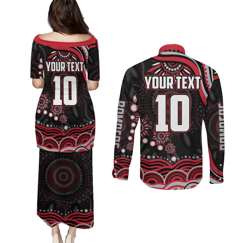 Personalized Essendon Bombers Rugby Couples Matching Puletasi and Long Sleeve Button Shirt Aboriginal Dot Art - Dreamtime Football Mascot