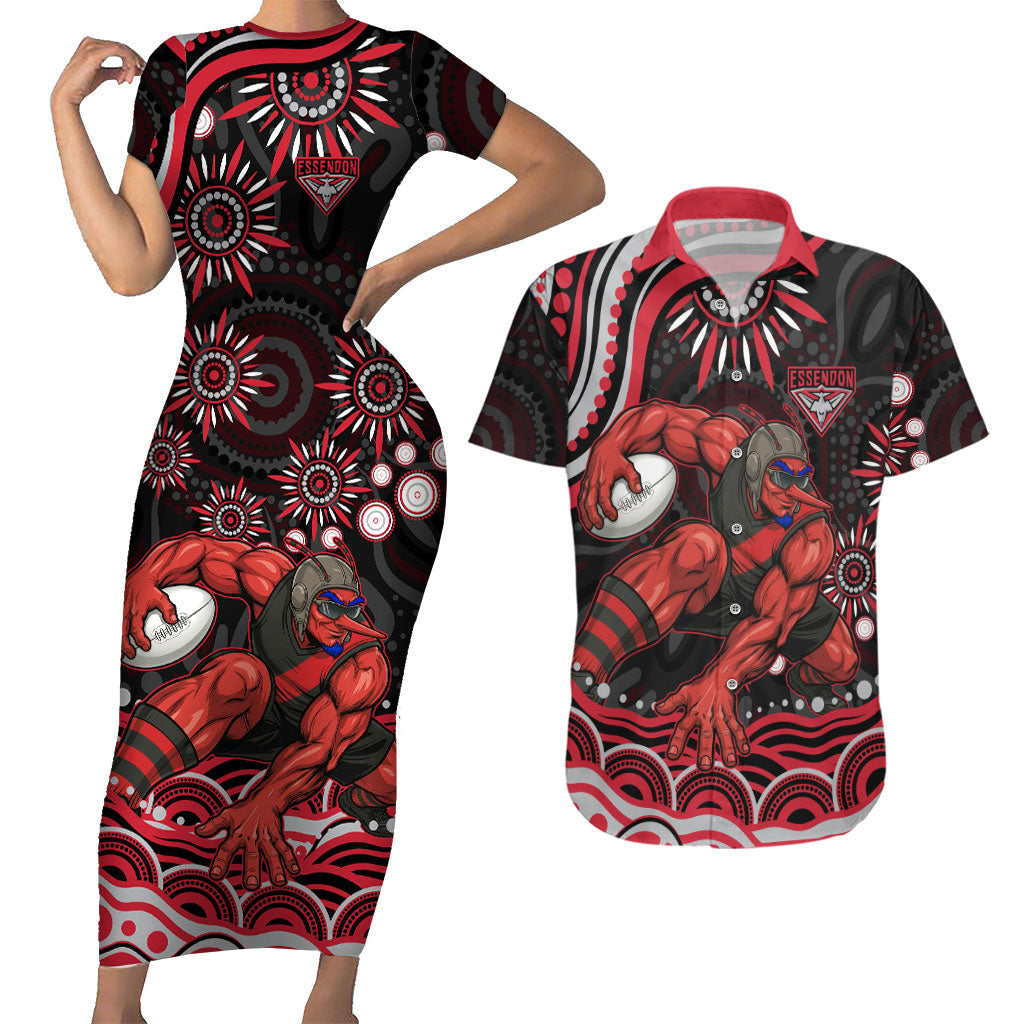 Personalized Essendon Bombers Rugby Couples Matching Short Sleeve Bodycon Dress and Hawaiian Shirt Aboriginal Dot Art - Dreamtime Football Mascot