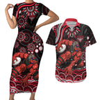 Personalized Essendon Bombers Rugby Couples Matching Short Sleeve Bodycon Dress and Hawaiian Shirt Aboriginal Dot Art - Dreamtime Football Mascot