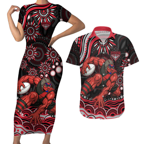 Personalized Essendon Bombers Rugby Couples Matching Short Sleeve Bodycon Dress and Hawaiian Shirt Aboriginal Dot Art - Dreamtime Football Mascot