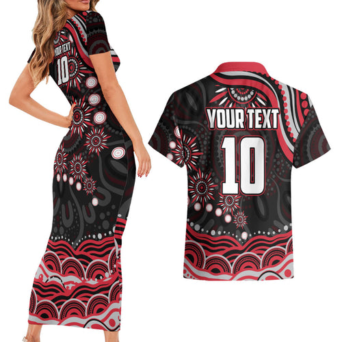 Personalized Essendon Bombers Rugby Couples Matching Short Sleeve Bodycon Dress and Hawaiian Shirt Aboriginal Dot Art - Dreamtime Football Mascot