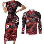 Personalized Essendon Bombers Rugby Couples Matching Short Sleeve Bodycon Dress and Long Sleeve Button Shirt Aboriginal Dot Art - Dreamtime Football Mascot