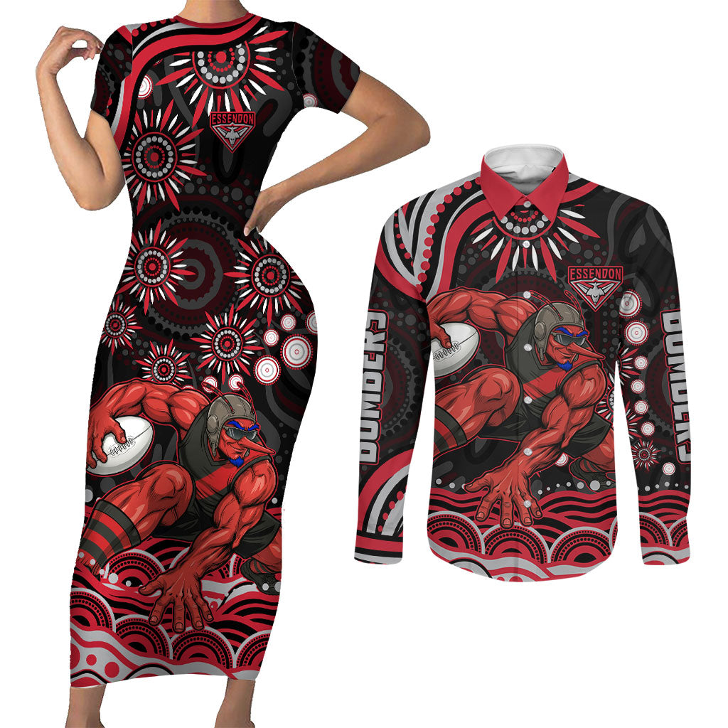 Personalized Essendon Bombers Rugby Couples Matching Short Sleeve Bodycon Dress and Long Sleeve Button Shirt Aboriginal Dot Art - Dreamtime Football Mascot