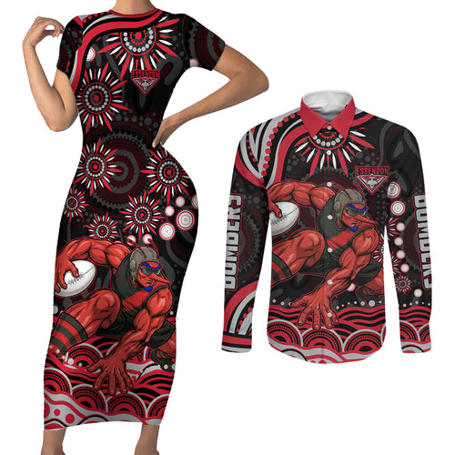 Personalized Essendon Bombers Rugby Couples Matching Short Sleeve Bodycon Dress and Long Sleeve Button Shirt Aboriginal Dot Art - Dreamtime Football Mascot