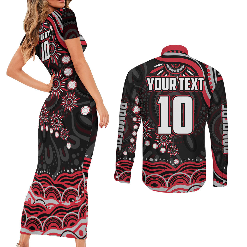 Personalized Essendon Bombers Rugby Couples Matching Short Sleeve Bodycon Dress and Long Sleeve Button Shirt Aboriginal Dot Art - Dreamtime Football Mascot