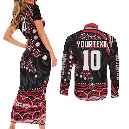 Personalized Essendon Bombers Rugby Couples Matching Short Sleeve Bodycon Dress and Long Sleeve Button Shirt Aboriginal Dot Art - Dreamtime Football Mascot