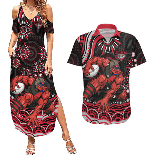 Personalized Essendon Bombers Rugby Couples Matching Summer Maxi Dress and Hawaiian Shirt Aboriginal Dot Art - Dreamtime Football Mascot