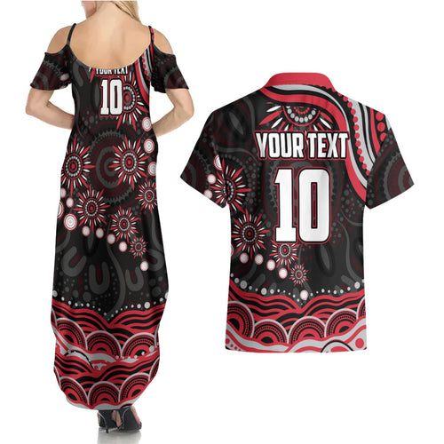 Personalized Essendon Bombers Rugby Couples Matching Summer Maxi Dress and Hawaiian Shirt Aboriginal Dot Art - Dreamtime Football Mascot
