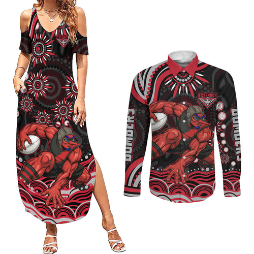 Personalized Essendon Bombers Rugby Couples Matching Summer Maxi Dress and Long Sleeve Button Shirt Aboriginal Dot Art - Dreamtime Football Mascot