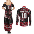 Personalized Essendon Bombers Rugby Couples Matching Summer Maxi Dress and Long Sleeve Button Shirt Aboriginal Dot Art - Dreamtime Football Mascot