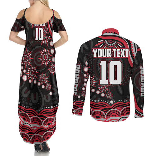 Personalized Essendon Bombers Rugby Couples Matching Summer Maxi Dress and Long Sleeve Button Shirt Aboriginal Dot Art - Dreamtime Football Mascot