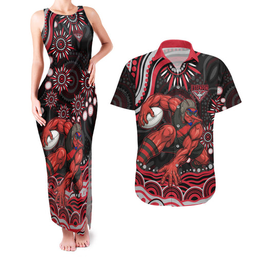 Personalized Essendon Bombers Rugby Couples Matching Tank Maxi Dress and Hawaiian Shirt Aboriginal Dot Art - Dreamtime Football Mascot