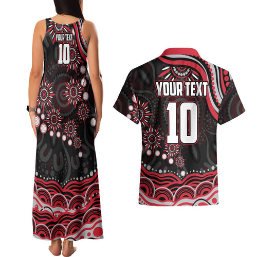 Personalized Essendon Bombers Rugby Couples Matching Tank Maxi Dress and Hawaiian Shirt Aboriginal Dot Art - Dreamtime Football Mascot