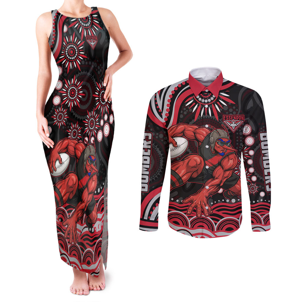 Personalized Essendon Bombers Rugby Couples Matching Tank Maxi Dress and Long Sleeve Button Shirt Aboriginal Dot Art - Dreamtime Football Mascot