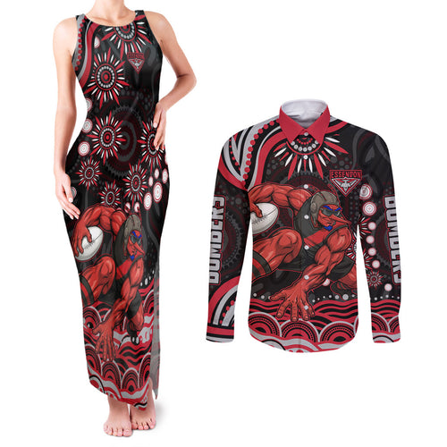 Personalized Essendon Bombers Rugby Couples Matching Tank Maxi Dress and Long Sleeve Button Shirt Aboriginal Dot Art - Dreamtime Football Mascot