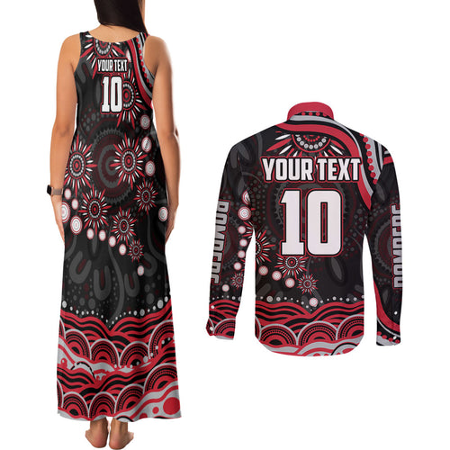 Personalized Essendon Bombers Rugby Couples Matching Tank Maxi Dress and Long Sleeve Button Shirt Aboriginal Dot Art - Dreamtime Football Mascot