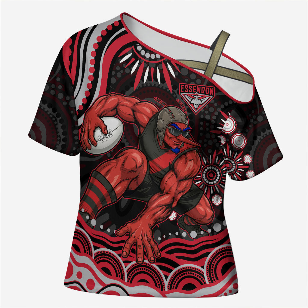Personalized Essendon Bombers Rugby Cross Shoulder Shirt Aboriginal Dot Art - Dreamtime Football Mascot