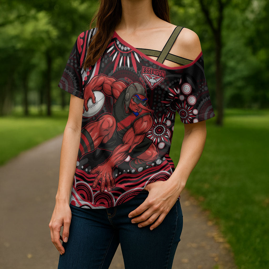 Personalized Essendon Bombers Rugby Cross Shoulder Shirt Aboriginal Dot Art - Dreamtime Football Mascot