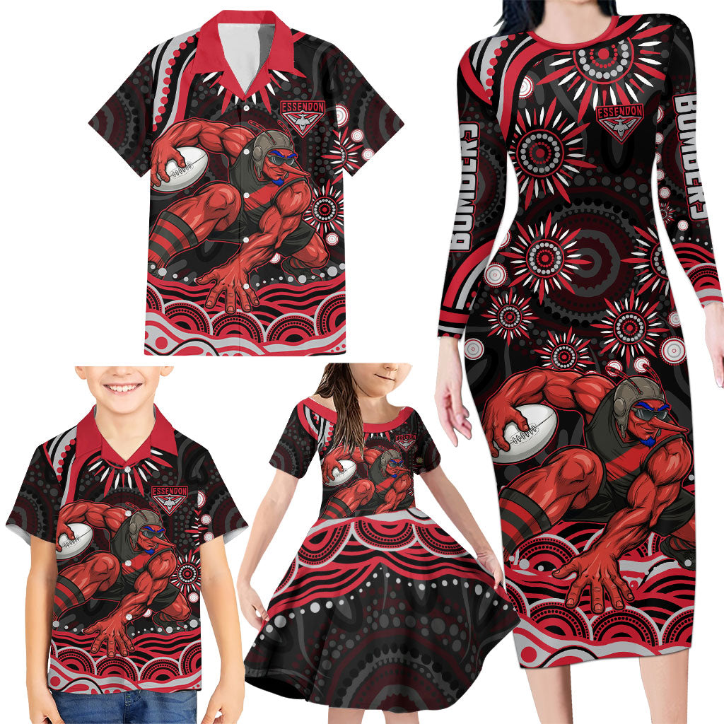 Personalized Essendon Bombers Rugby Family Matching Long Sleeve Bodycon Dress and Hawaiian Shirt Aboriginal Dot Art - Dreamtime Football Mascot