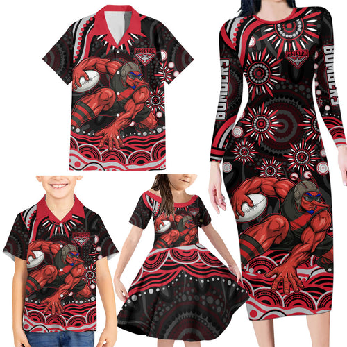 Personalized Essendon Bombers Rugby Family Matching Long Sleeve Bodycon Dress and Hawaiian Shirt Aboriginal Dot Art - Dreamtime Football Mascot