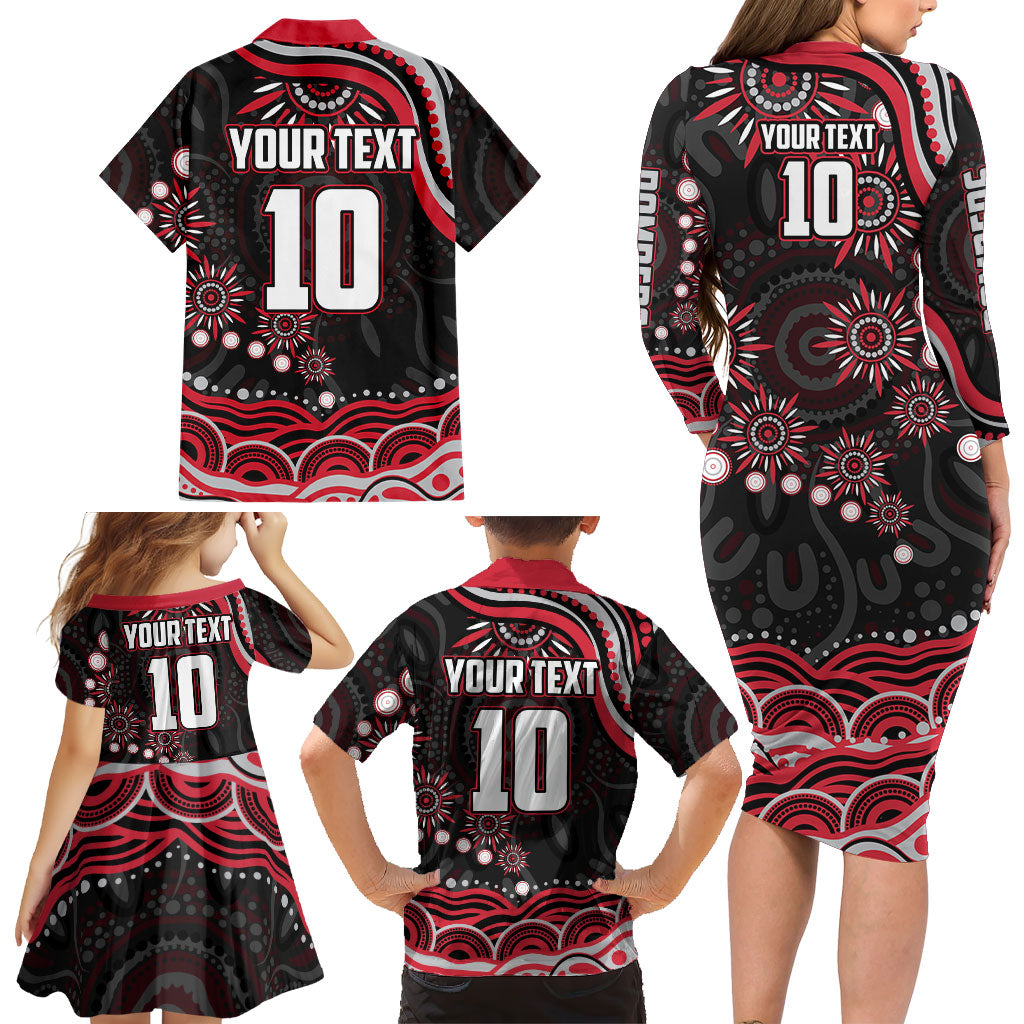 Personalized Essendon Bombers Rugby Family Matching Long Sleeve Bodycon Dress and Hawaiian Shirt Aboriginal Dot Art - Dreamtime Football Mascot