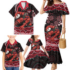Personalized Essendon Bombers Rugby Family Matching Mermaid Dress and Hawaiian Shirt Aboriginal Dot Art - Dreamtime Football Mascot