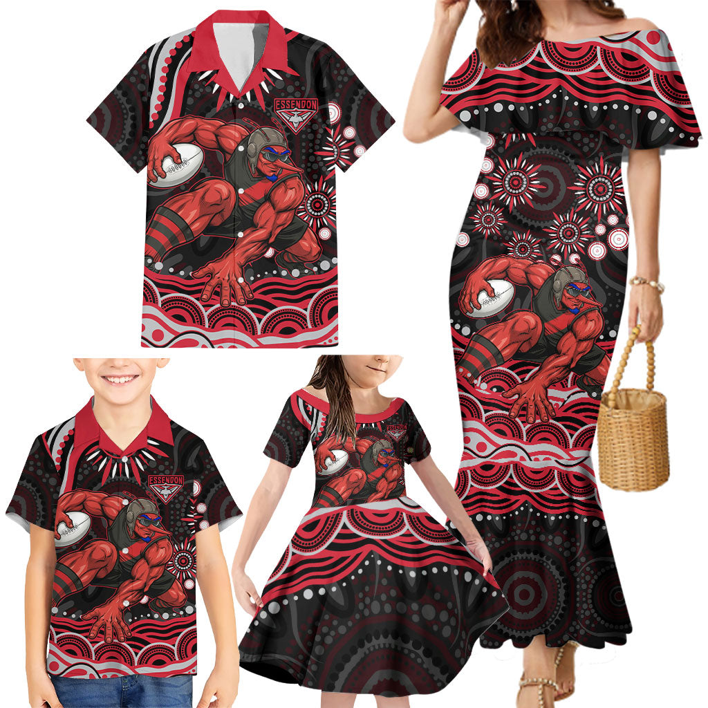 Personalized Essendon Bombers Rugby Family Matching Mermaid Dress and Hawaiian Shirt Aboriginal Dot Art - Dreamtime Football Mascot