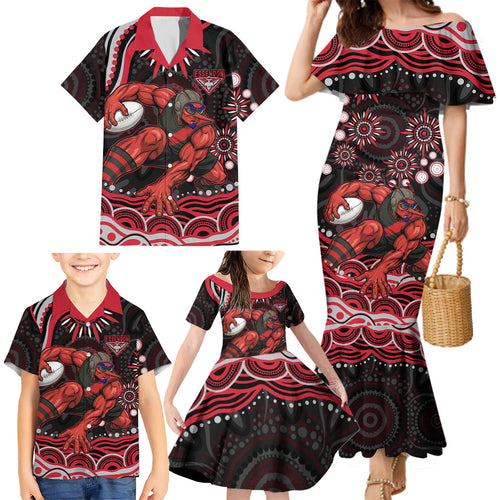 Personalized Essendon Bombers Rugby Family Matching Mermaid Dress and Hawaiian Shirt Aboriginal Dot Art - Dreamtime Football Mascot