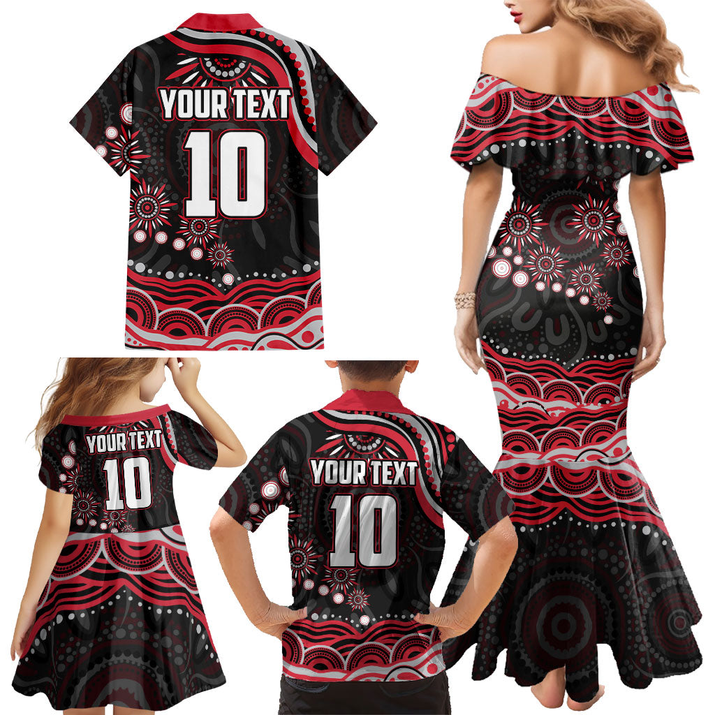 Personalized Essendon Bombers Rugby Family Matching Mermaid Dress and Hawaiian Shirt Aboriginal Dot Art - Dreamtime Football Mascot